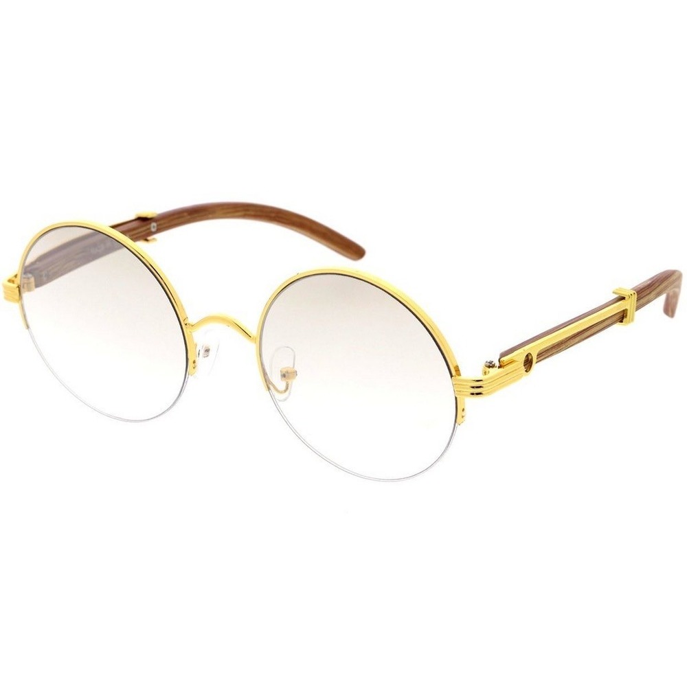 Round Sunglasses Gold Frame Wood Temple Vintage Style Men's Clear Lens‎ Festival